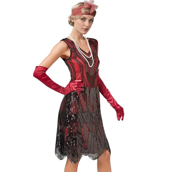 Red & Black Sequin & Beaded 1920s Flapper Gatsby Cocktail Dress L 10-12 - Picture 1 of 5